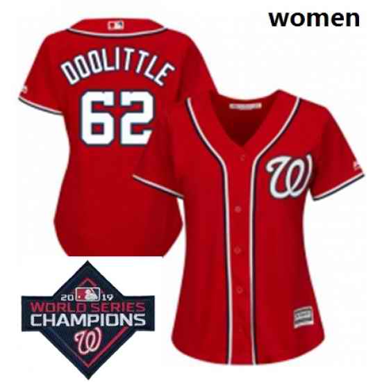 Womens Majestic Washington Nationals 62 Sean Doolittle Authentic Red Alternate 1 Cool Base MLB Stitched 2019 World Series Champions Patch Jersey